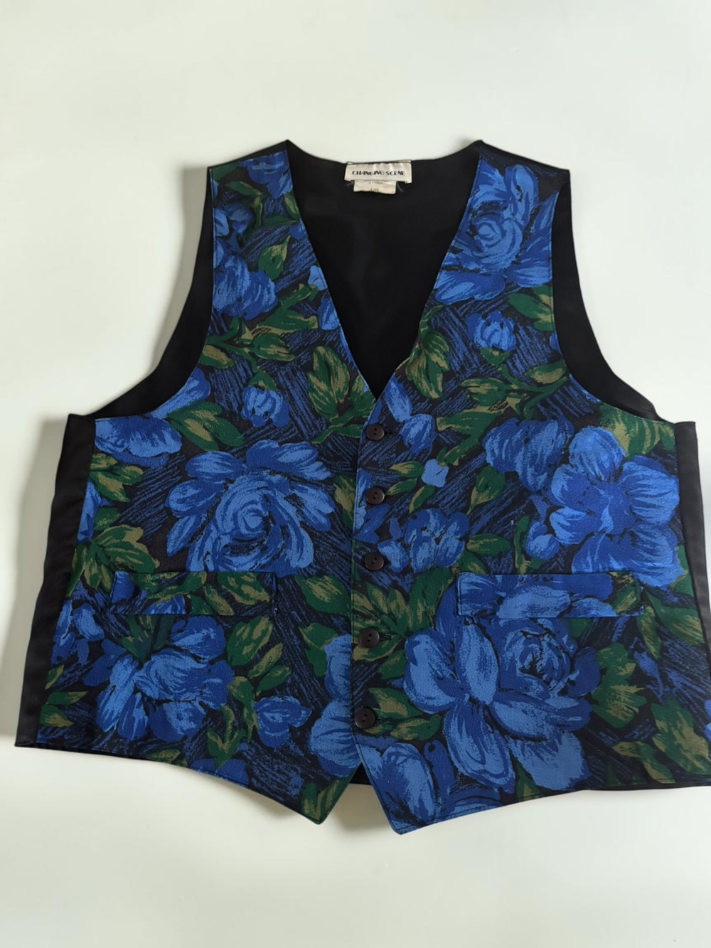 Vintage Changing Scene Blue Rose Floral Waistcoat Vest Large 80s 90s